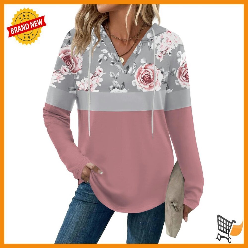 Long Sleeve V Neck Pullover Hoodie Loose Fit Casual Sweatshirt Women's Top